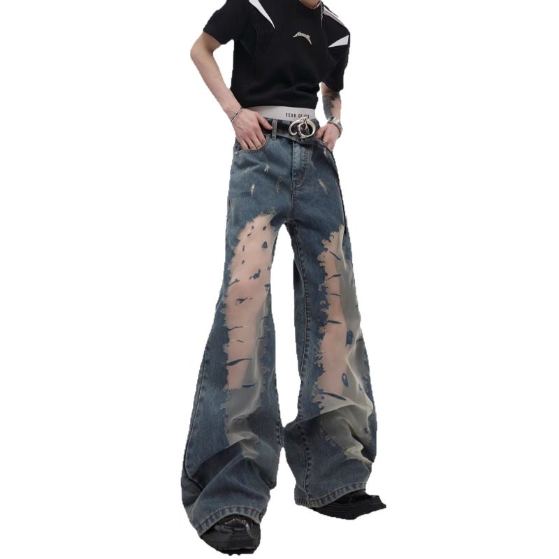 Style Mesh Stitching Jeans Men'S American Style Retro Pants Niche Design Sense Hollow Straight Pants - Image 3